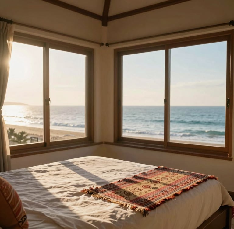 Sun-drenched resort room interior with ocean views through large windows, traditional Odia handloom textiles on the bed, warm morning light, 35mm