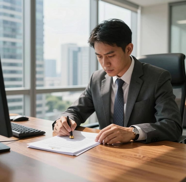 Bright natural daylight, a modern Bangkok high-rise office interior, focused professional reviewing official documents with a corporate seal visible on a warm teak desk, shallow depth of field, 35mm lens.