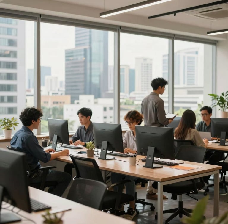Wide environmental shot of a modern Bangkok creative workspace with large windows, professional designers collaborating, bright daylight.