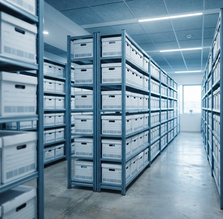 Bright modern corporate office storage room with neatly stacked white paper boxes on metal shelves, cool blue tones, professional depth of field