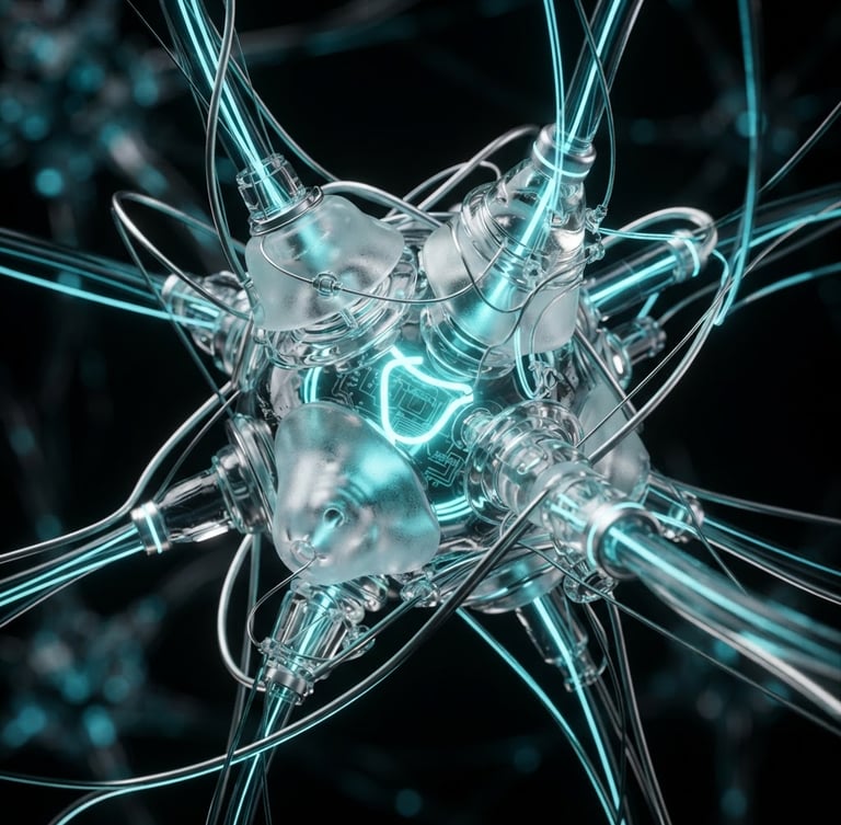 Macro close-up of a hyper-realistic 3D glassmorphic neural node, cinematic dark studio lighting, neon cyan and silver accents, octane render style