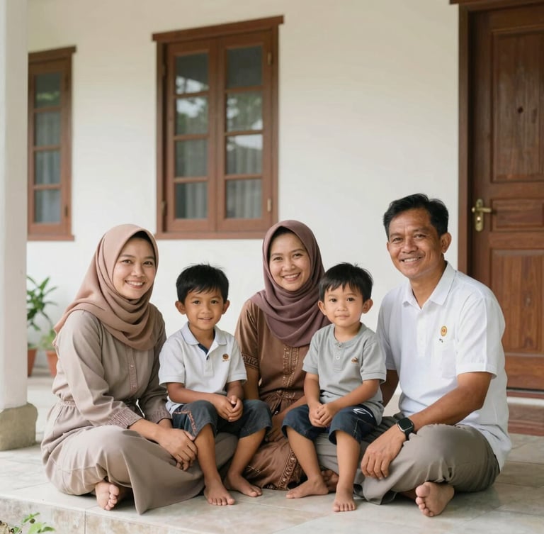 Warm environmental portrait of a local Indonesian family in South Sulawesi sitting inside their bright home, smiling, natural daylight, warm tones, 35mm lens