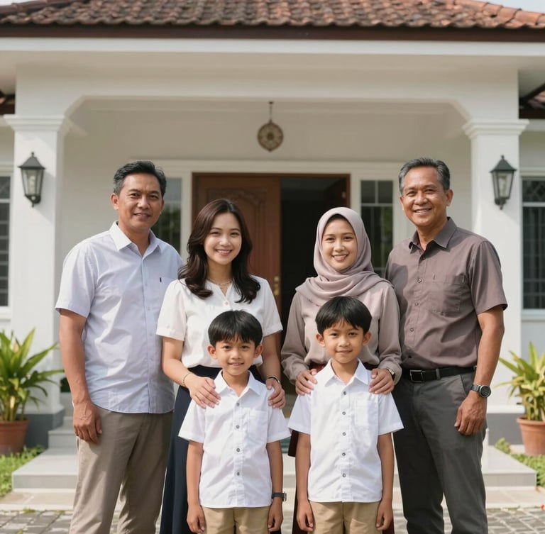 A warm professional photograph of a modern Indonesian family standing proudly in front of their newly built house in Makassar, bright natural daylight, clean corporate tones, 35mm lens