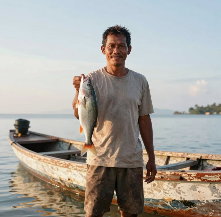 A proud local Indonesian fisherman standing by his wooden boat in South Sulawesi during bright morning daylight, holding a fresh catch, warm colors, 35mm lens.