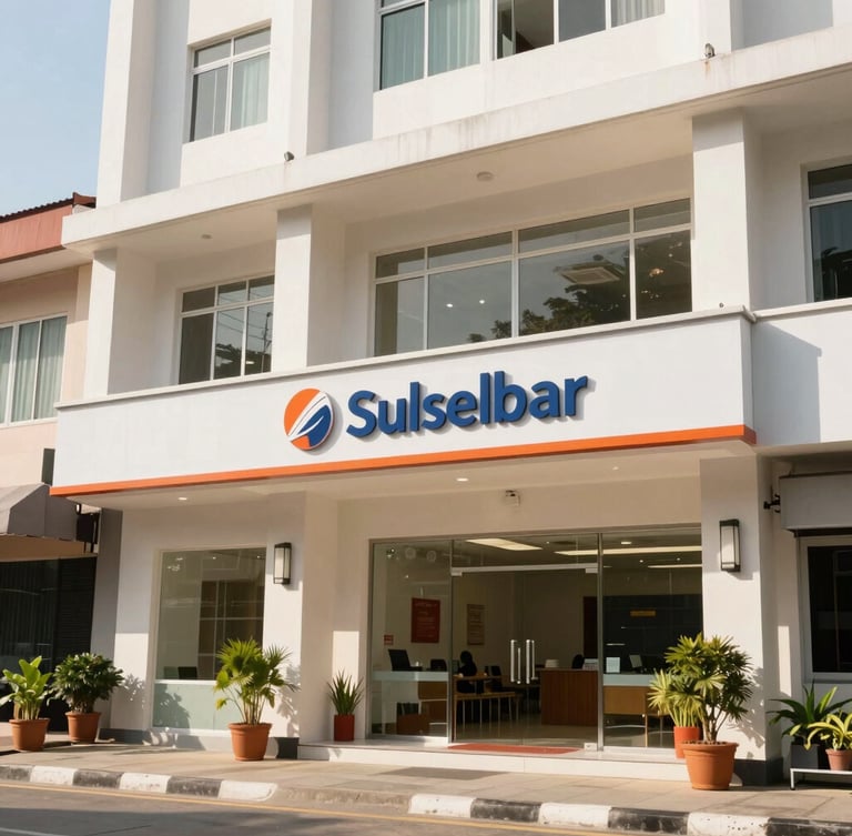 Warm professional photography of a modern Bank Sulselbar branch building in Makassar, bright natural daylight, clean architectural lines, welcoming local atmosphere.