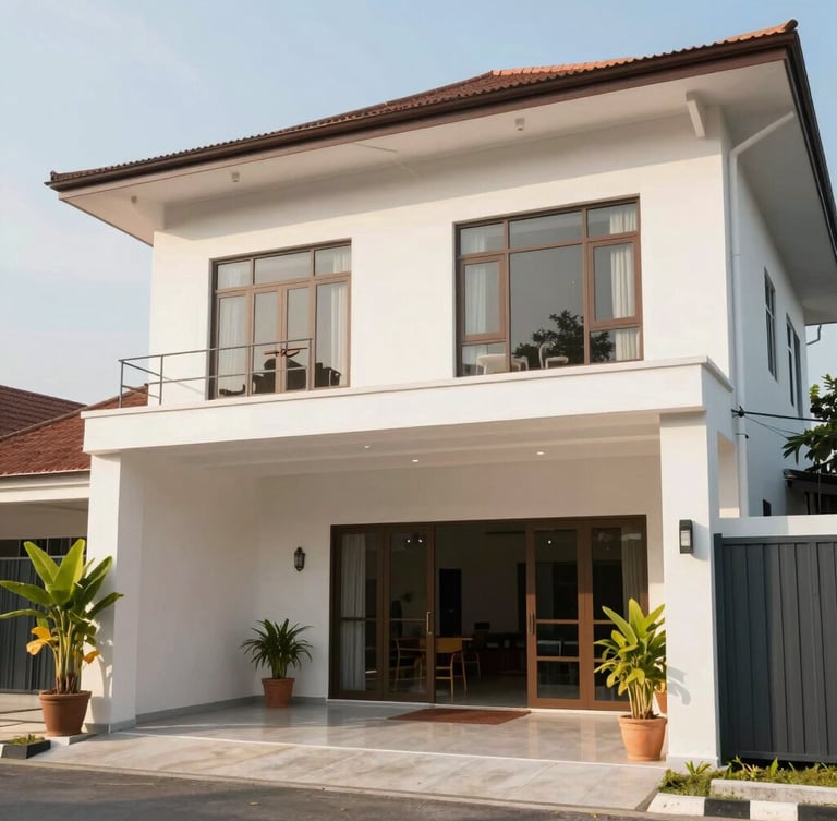 Bright exterior of a modern family home in Makassar, South Sulawesi, under warm natural sunlight, clean professional architectural photography