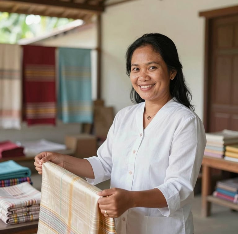 A bright, warm environmental portrait of an Indonesian woman smiling while showcasing beautiful handwoven silk fabrics in her traditional workshop in South Sulawesi, soft natural daylight, 35mm lens.