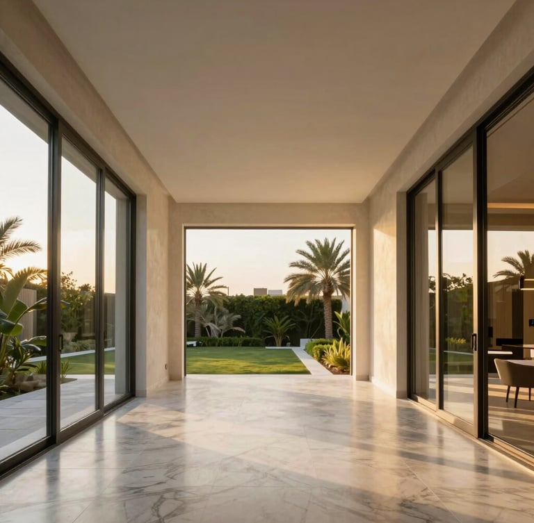 Symmetrical architectural perspective of a sun-drenched minimalist luxury villa interior in Al Barari, floor-to-ceiling glass windows overlooking lush greenery, marble floors, golden hour light.