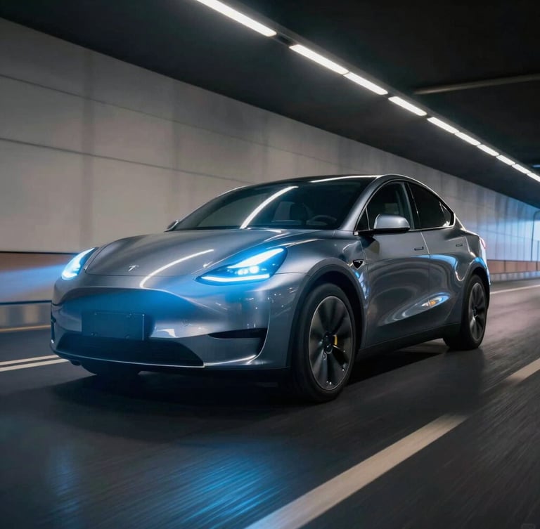 Dynamic low-angle shot of a sleek electric vehicle accelerating through a neon-lit urban tunnel at night, electric blue light trails reflecting off metallic bodywork, motion blur, cinematic framing
