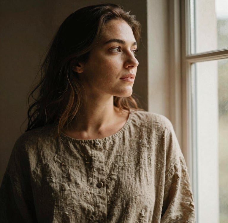 Candid medium portrait of a woman looking thoughtfully out a window, soft side-lit daylight, warm earthy tones, rich linen textures, 35mm film style.