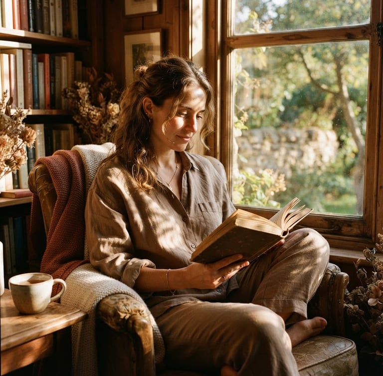 A warm golden-hour portrait of a woman in soft linen clothing sitting in a sun-dappled reading corner, 35mm film style.