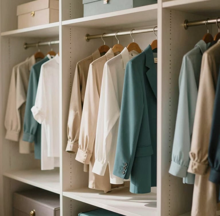 Warm editorial photography of an impeccably organized walk-in closet, color-coordinated wardrobe styling, soft natural daylight, champagne accents, shallow depth of field, 35mm