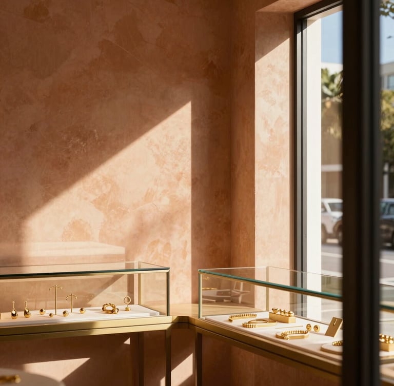 Warm editorial photography of a chic boutique interior in Tampa, sun-drenched terracotta walls, minimalist golden jewelry displays under natural outdoor glare.