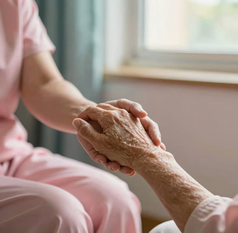 A close-up of a caregiver's hand gently holding an elderly hand, soft natural light streaming from a window, peaceful home environment, warm pink tones, shallow depth of field.