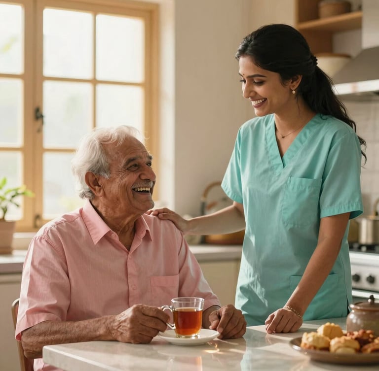 A caregiver and an elderly man laughing together over a cup of traditional tea in a warm, modern Indian kitchen, soft natural light, cozy home atmosphere.