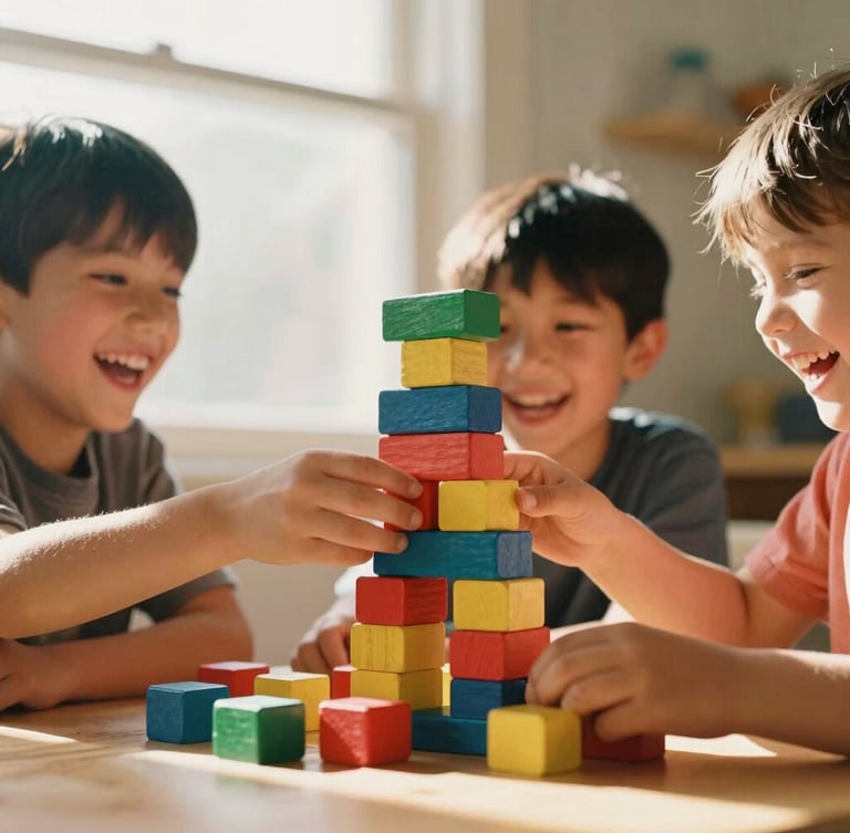 Low-angle shot of three children laughing, hands stacking colorful chunky wooden game blocks on a table, warm golden sunlight streaming through a window, shallow depth of field, 35mm film style