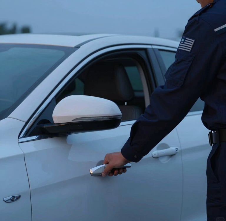Cinematic close-up of a professional driver in uniform opening a clean sedan door under early-morning blue hour light