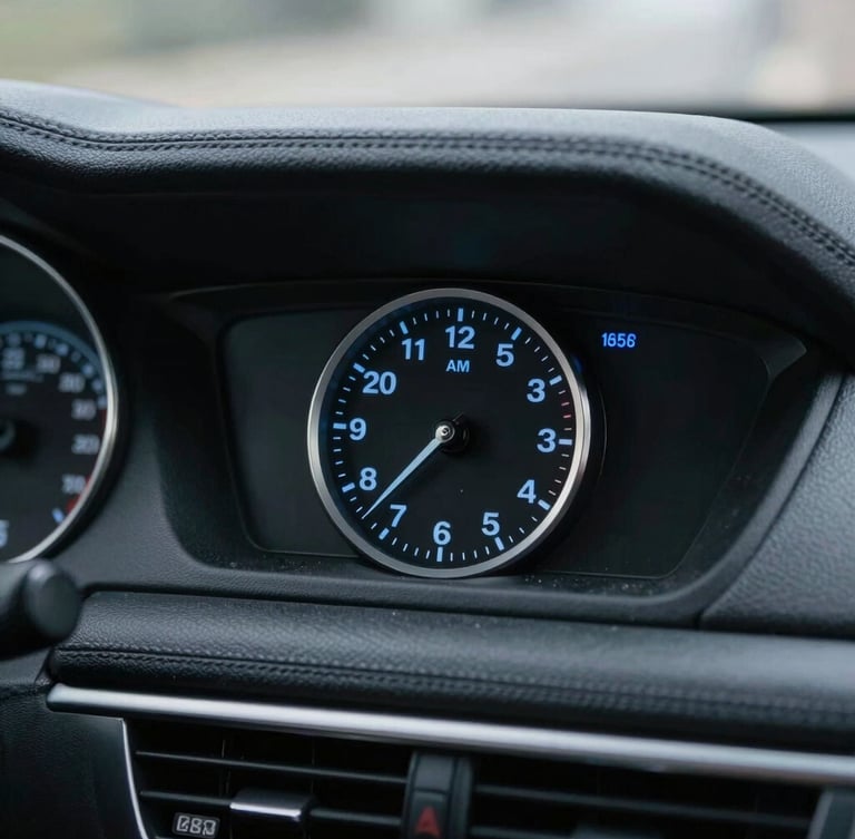 Cinematic close-up of a clean black sedan dashboard clock showing exactly 3:55 AM, soft blue dashboard light, sharp focus