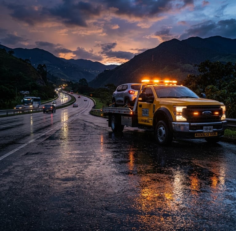 Dramatic low-angle shot of a modern yellow flatbed tow truck parked on a Colombian highway under amber twilight sky, high-contrast warning lights reflecting on wet asphalt.