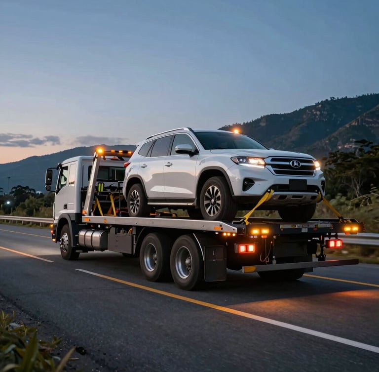 Low-angle dynamic shot of a heavy-duty flatbed tow truck carrying a secured SUV on a sunny Colombian highway, safety straps visible on wheels, mountains in the background