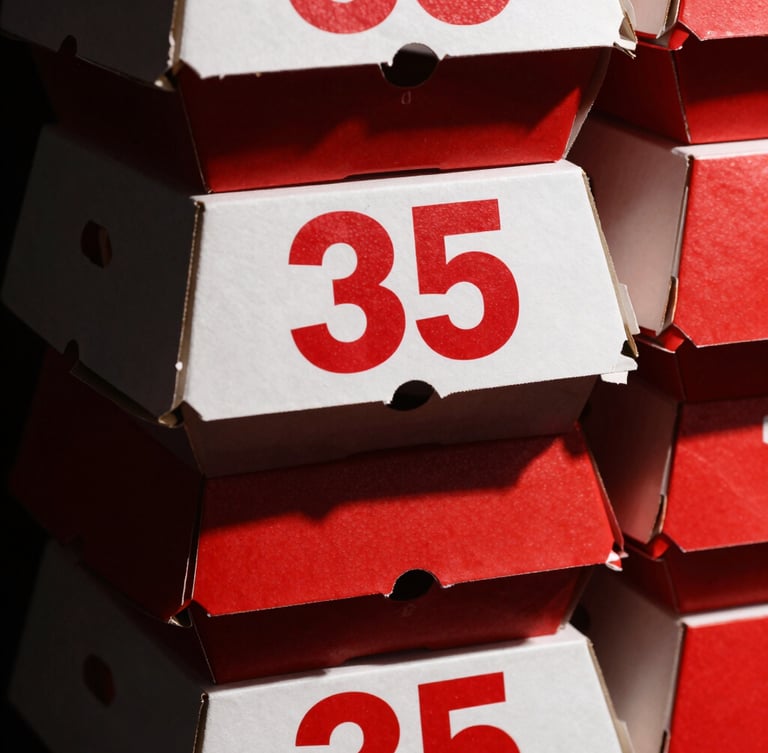 Close-up macro shot of clean stacked cardboard burger boxes with bold red branding, high-contrast studio lighting, deep charcoal shadows, sharp focus, 35mm