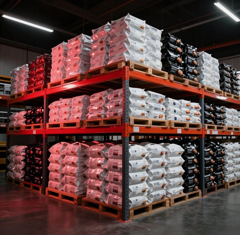 Wide angle of a clean, organized industrial warehouse with shelves stacked with white and black wholesale food packaging, dramatic red lighting accents, sharp focus, 35mm