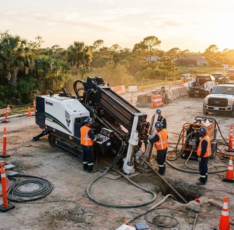 Wide environmental shot of a heavy directional drill on a worksite at golden hour, technicians in high-vis gear nearby, bright Florida daylight, high-contrast navy and safety orange tones, sharp focus, 35mm
