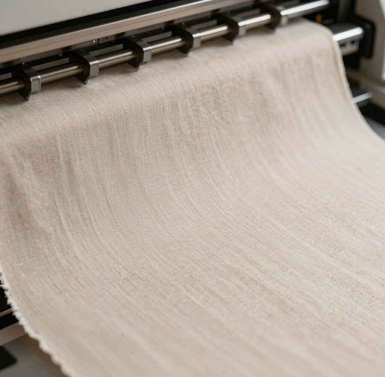 Macro close-up of a high-precision automatic fabric cutting machine slicing beige cotton twill, clean sharp edges, soft diffused daylight, muted tones, 35mm lens.