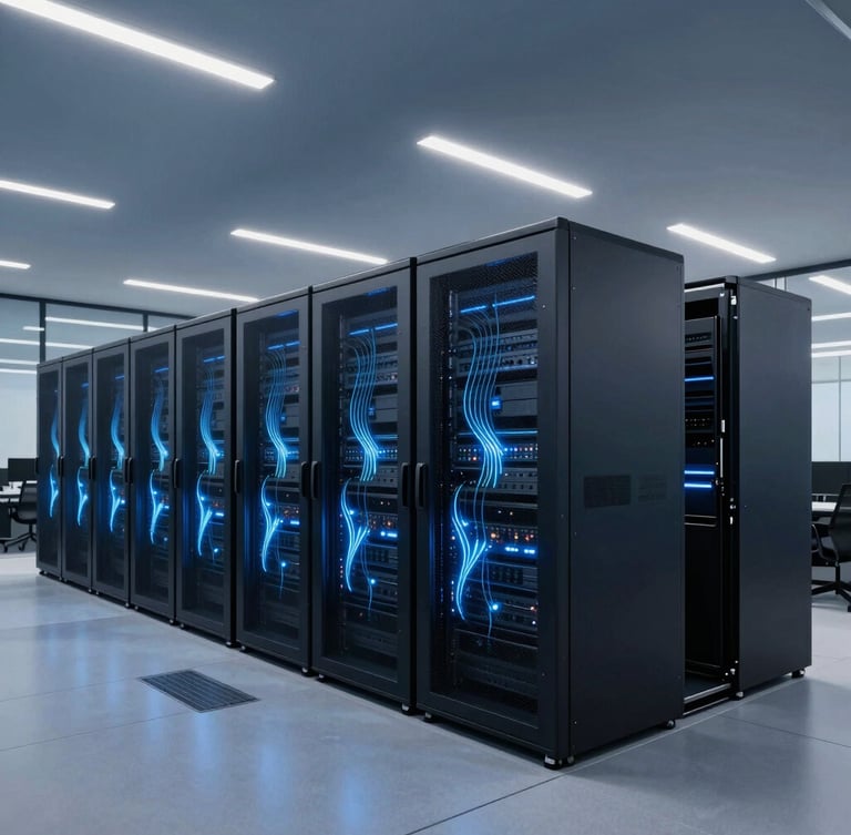Sleek corporate technology photography, cool ambient office lighting, deep navy and electric blue tones, wide-angle architectural lens showing high-end server environments with abstract glowing data streams