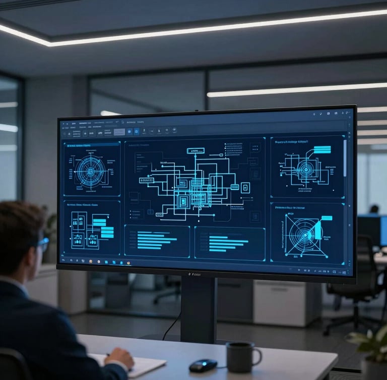 Sleek corporate technology photography, cool ambient office lighting, over-the-shoulder perspective of an engineer analyzing system architecture diagrams on a large screen.