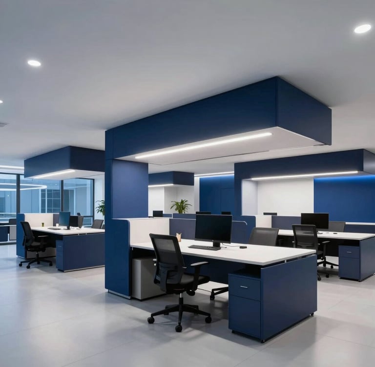 Sleek corporate technology photography of a modern architectural workspace with cool ambient office lighting and deep navy accents, wide-angle lens.
