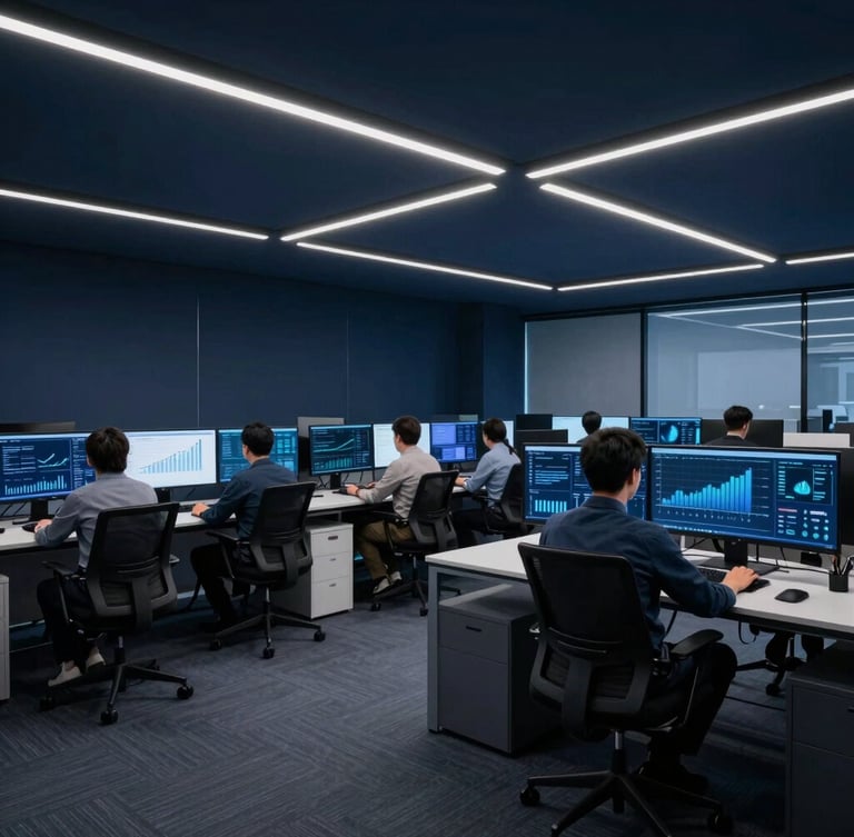 Sleek corporate technology photography, cool ambient office lighting, deep navy and electric blue tones, wide-angle architectural lens showing a technical team analyzing growth metrics on multiple clean displays.