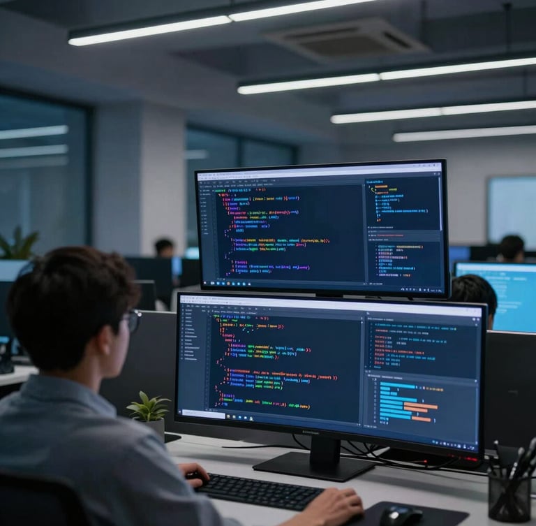 Over-the-shoulder perspective of screens displaying clean code and data visualizations in a cool, low-key ambient office environment.