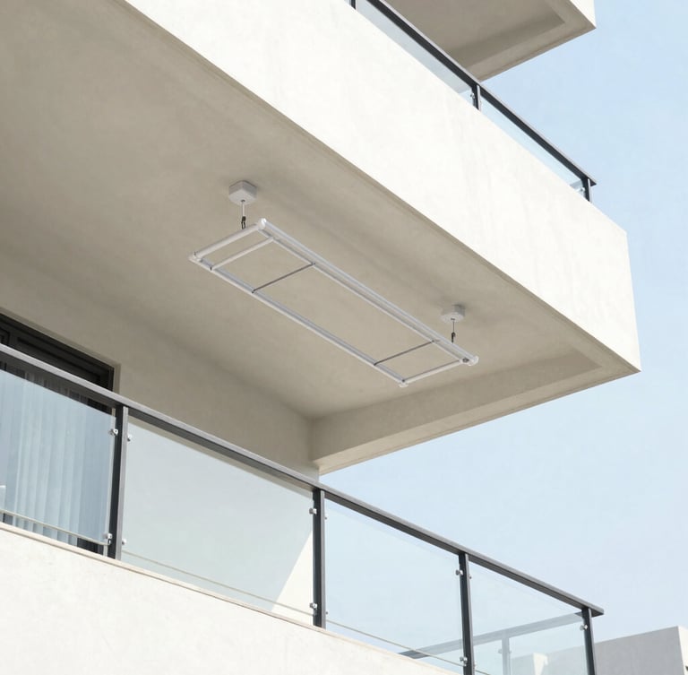 Bright architectural photography of a clean modern apartment balcony in Mysuru, a sleek ceiling-mounted clothes drying system hoisted high against the sunlit concrete ceiling, natural daylight, sharp focus.