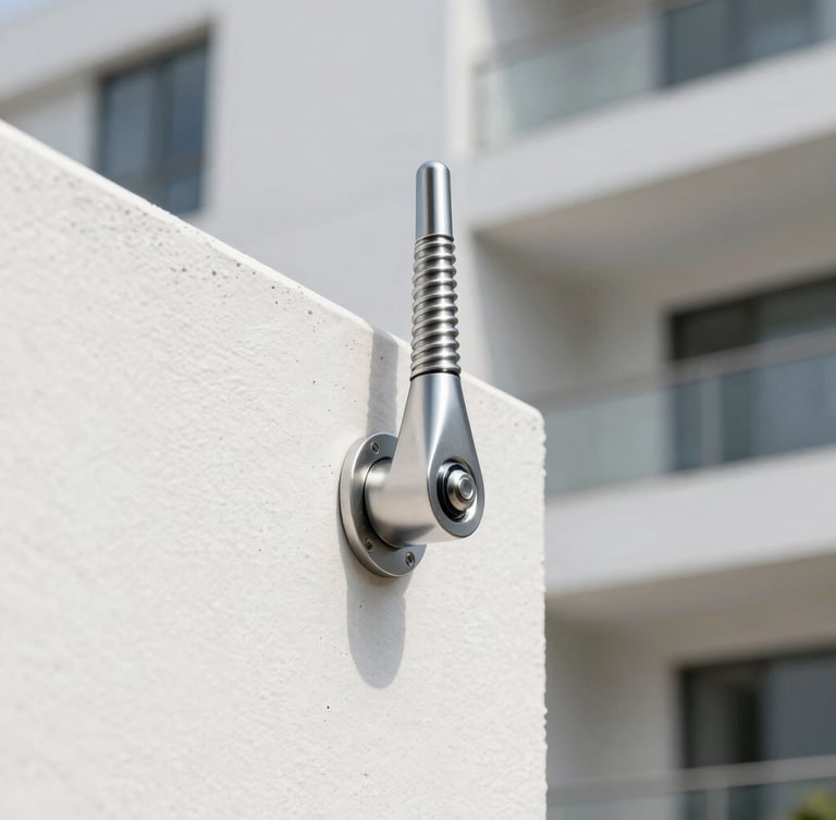 Macro close-up of a sleek stainless steel tensioner anchored into a clean white concrete balcony wall, bright daylight reflecting off the polished metal surface, sharp focus.