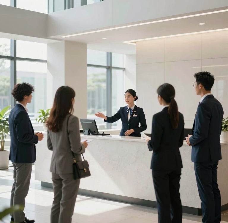 Wide environmental shot of a professional uniformed receptionist greeting visitors at a modern corporate lobby, bright natural window light, clean geometric lines