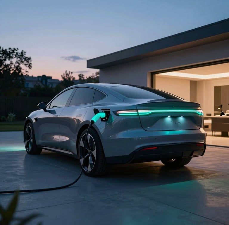 Cinematic wide angle shot of a sleek electric vehicle parked at twilight inside a high-tech home garage, glowing LED cyan charging connector plugged in, 35mm