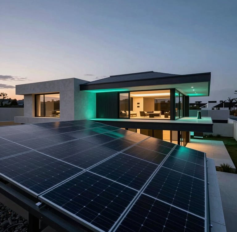 Cinematic wide angle of a modern architectural villa at twilight, integrated sleek black solar panels glowing under cool ambient sky, sharp technical details, 35mm