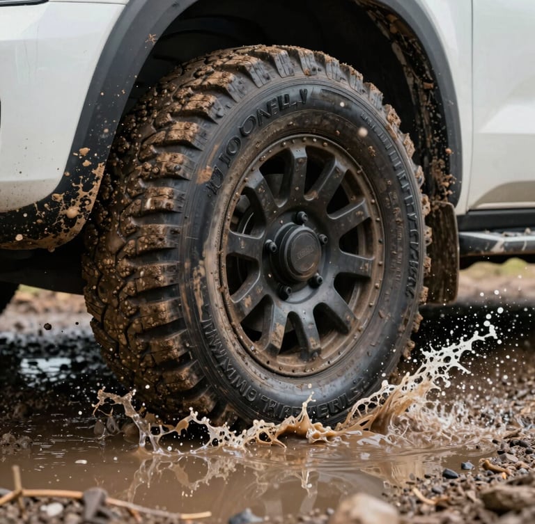 A close-up of a mud-splattered utility vehicle tire tearing through a deep puddle, water splashing dynamically, high contrast
