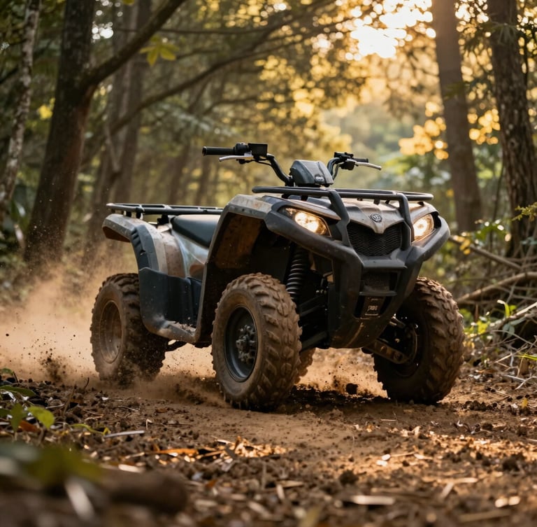Low-angle dynamic shot of an ATV kicking up mud on a forest trail, dramatic golden hour sunlight filtering through trees, high contrast.
