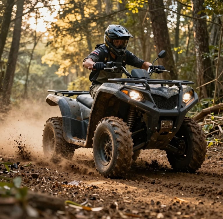 A low-angle action shot of an ATV kicking up thick mud on a forest trail, dramatic golden hour sunlight filtering through trees