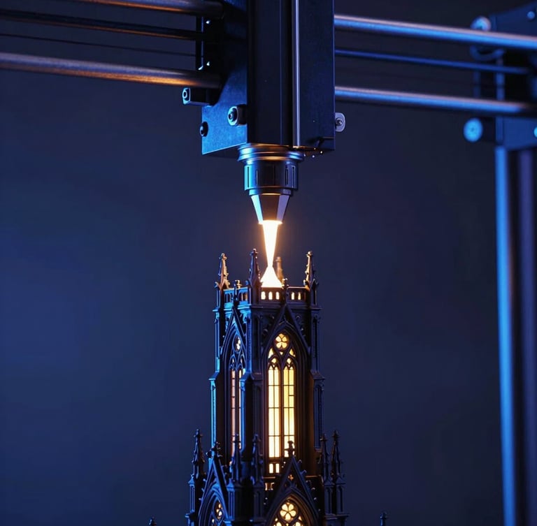 A close-up vertical portrait of a 3D printer nozzle extruding glowing amber filament onto an intricate, dark gothic tower model in a dark room, misty atmosphere, dramatic blue rim light.