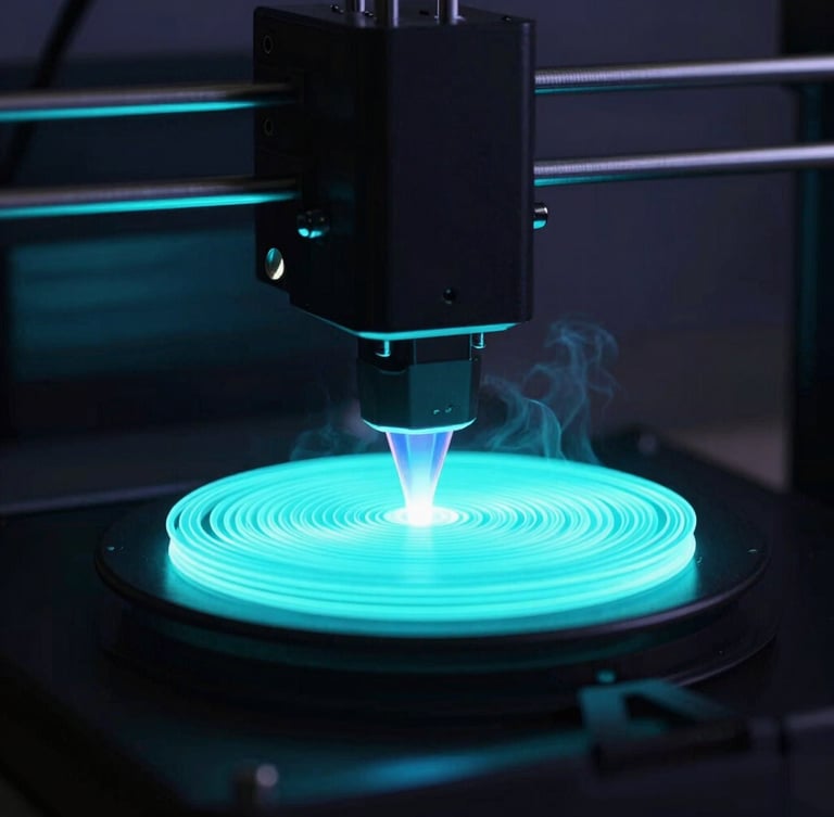 A close-up of a 3D printer nozzle glowing mid-print in a dark room, depositing glowing neon-cyan filament layer-by-layer, soft smoke, dramatic lighting