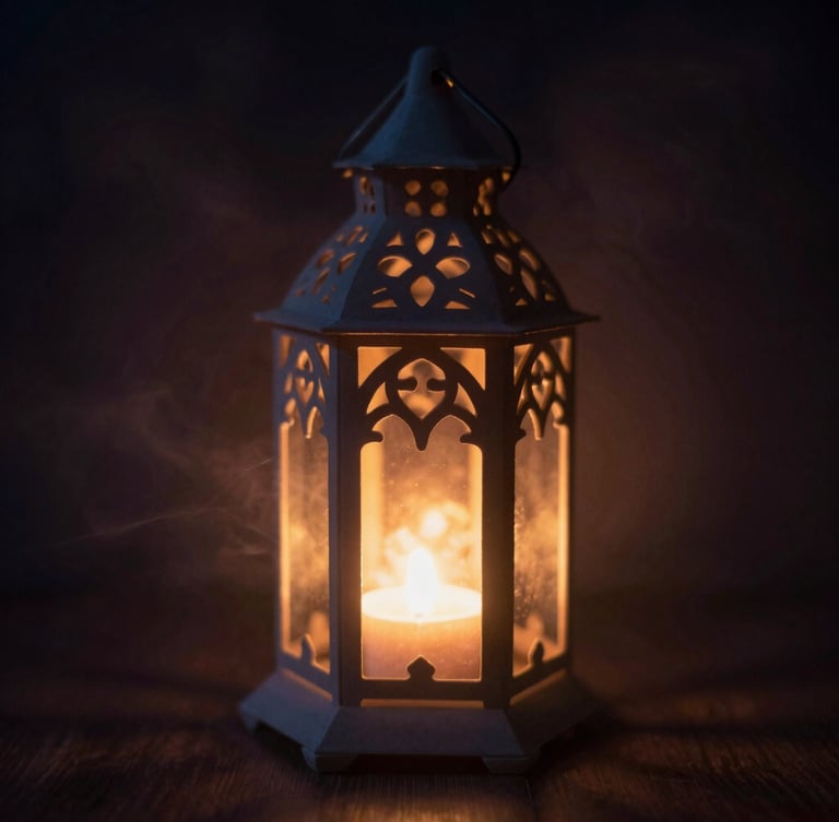 Mystical product photography, low-key dramatic lighting, an intricate 3D printed gothic lantern glowing with soft amber light from within, dark background with subtle smoke, macro lens