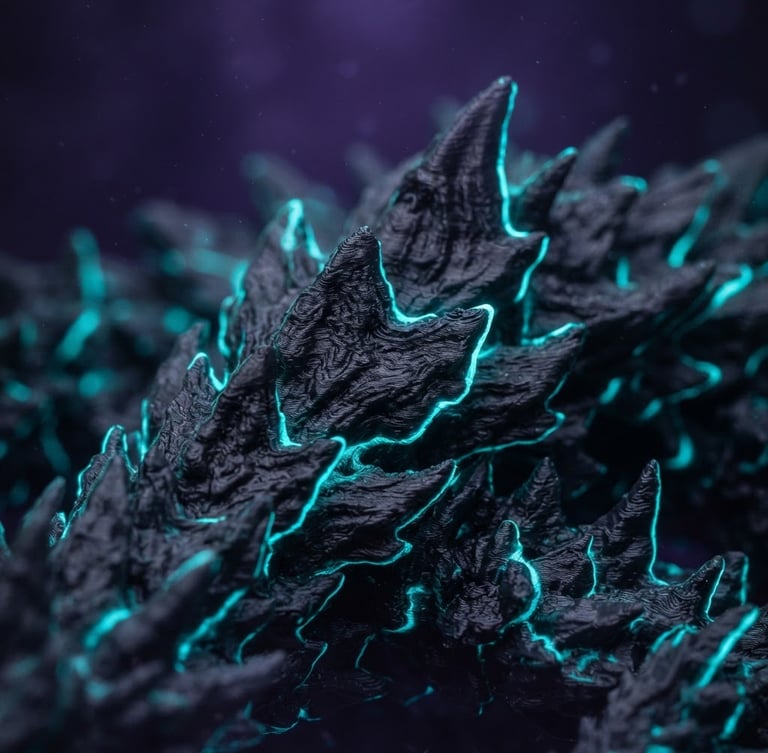 Mystical product photography, macro shot of a 3D printed fantasy dragon scale texture, glowing neon-cyan rim light, deep twilight violet background, 35mm lens