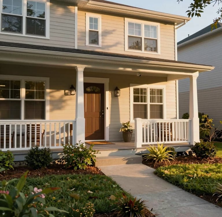 A warm, sunlit residential home exterior with a welcoming front porch, zero-step entry ramp integrated beautifully into the landscaping, soft afternoon light