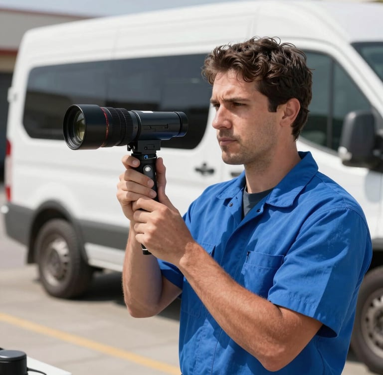 Direct-to-camera portrait of a professional technician in a clean blue uniform, holding a duct inspection camera, bright Southern California daylight, service van in the background.