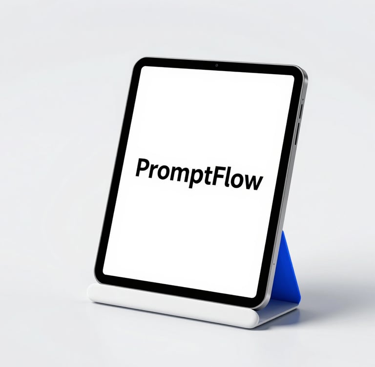 A premium 3D render of a digital tablet displaying a clean minimalist eBook cover titled PromptFlow on a sleek white stand, electric blue accents, bright studio lighting, soft shadows