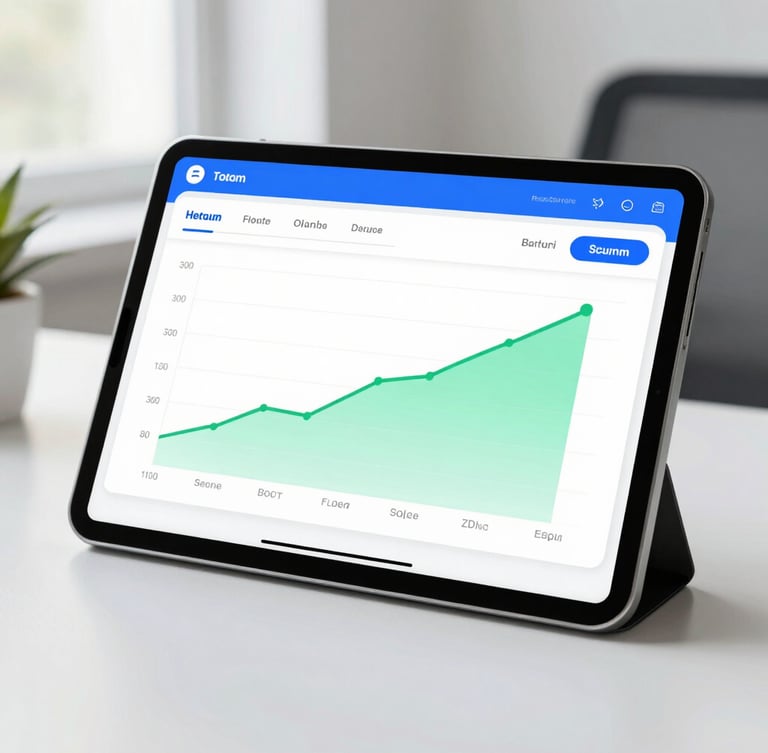 A modern clean UI dashboard showing a growth chart on a tablet screen, bright natural daylight, cool blue and green accents, 35mm lens