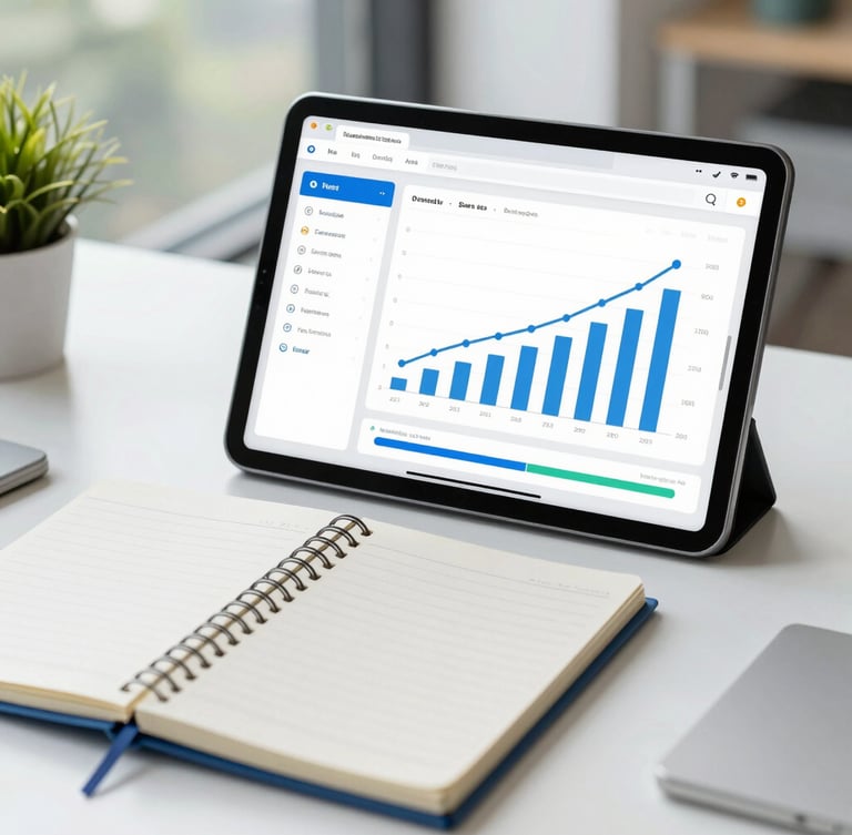 Editorial medium-close shot of a modern workspace in bright natural daylight, showing a clean UI dashboard with rising growth charts on a tablet next to a strategy notebook.